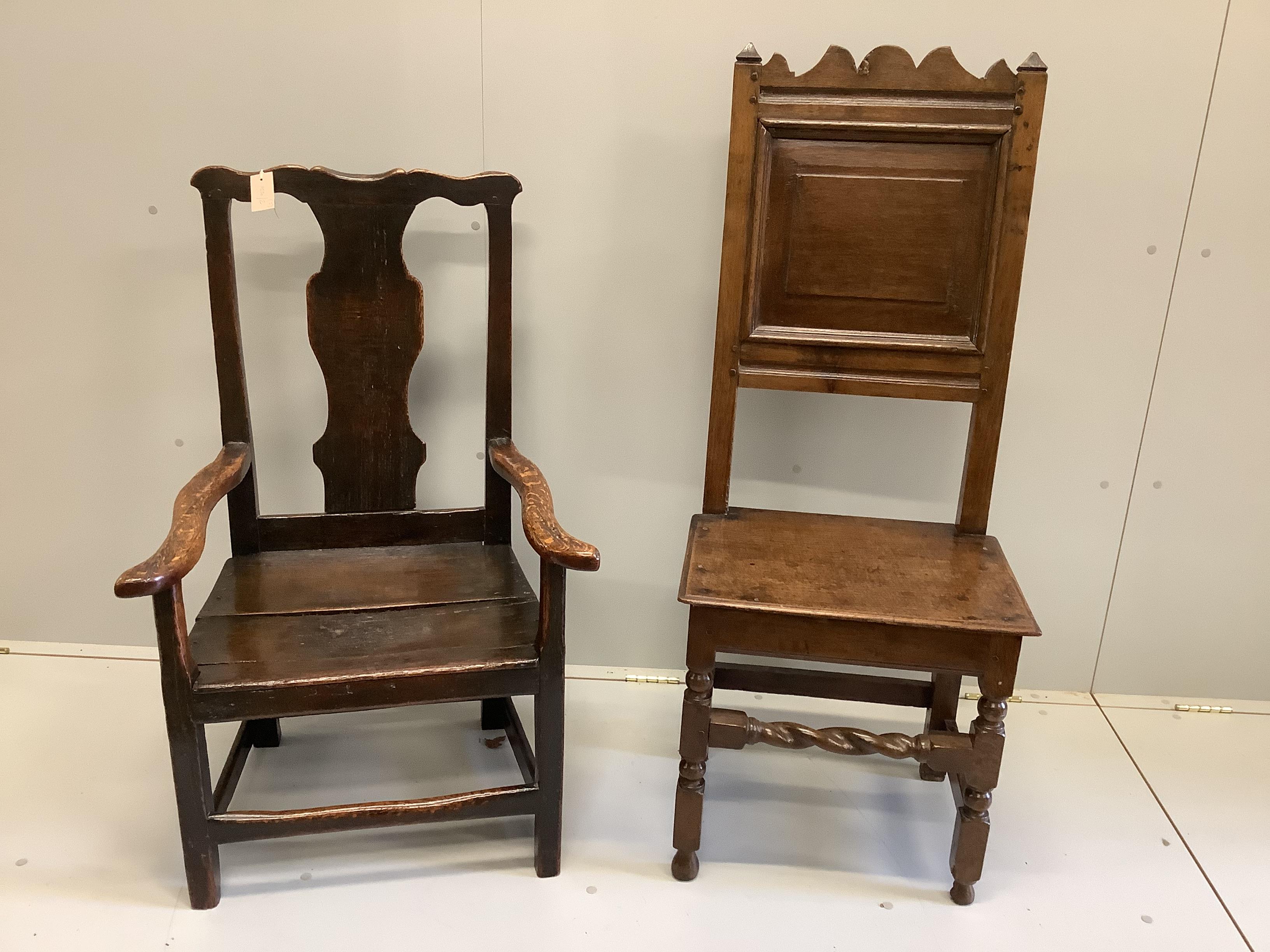 An early 18th century Provincial oak elbow chair, width 61cm, depth 50cm, height 100cm, together with a panelled high back dining chair